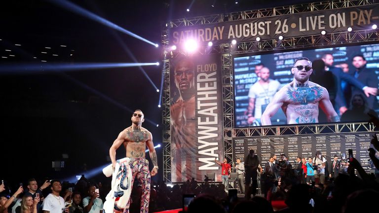 Conor McGregor speaks during the Floyd Mayweather Jr. v Conor McGregor World Press Tour event at Barclays Center on July 13, 2017 