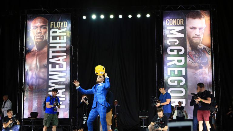Conor McGregor punches a beach ball] during the Floyd Mayweather Jr. v Conor McGregor World Press Tour at Budweiser Stage.