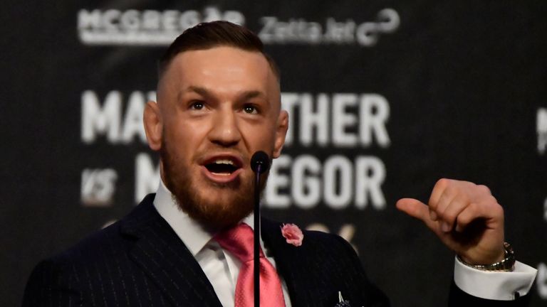 UFC fighter Conor McGregor speaks about the upcoming fight  against Floyd Mayweather Jr. during a press call.