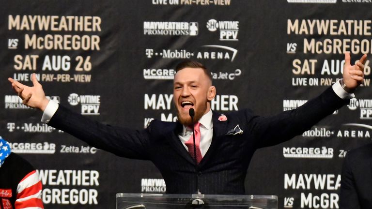 UFC fighter Conor McGregor speaks about their upcoming fight during a press call at the Staples Center in Los Angeles, California on July 11, 2017.