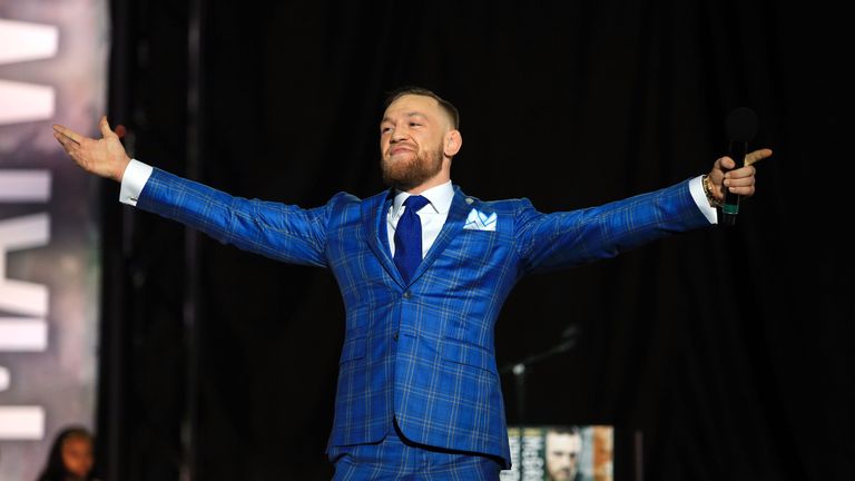 Conor McGregor speaks during the Floyd Mayweather Jr. v Conor McGregor World Press Tour at Budweiser Stage on July 12, 2017 in Toronto