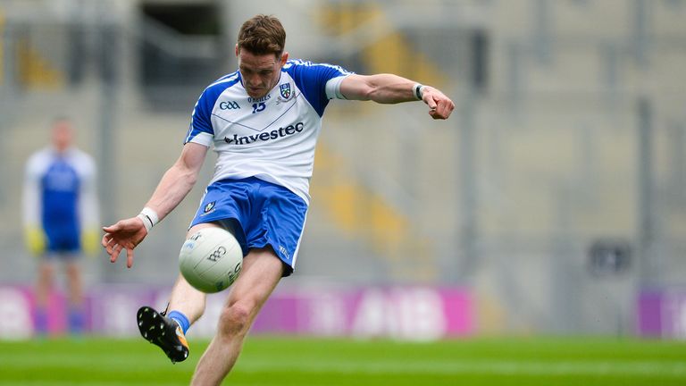 Conor McManus of Monaghan takes a free during the GAA Football All-Ireland Senior Championship Round 4B match between Down and Monaghan