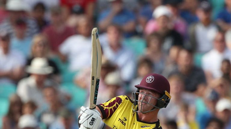 LONDON, ENGLAND - JULY 09: Corey Anderson of Somerset hits a boundary during his innings of 81 during the NatWest T20 Blast match at The Kia Oval on July 9