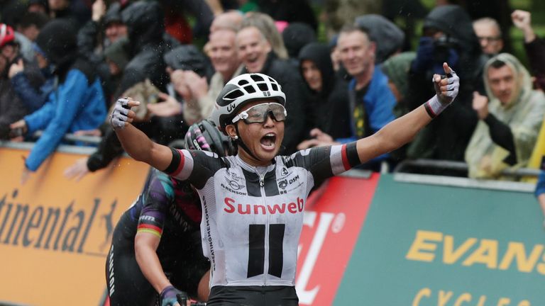 Team Sunweb's Coryn Rivera celebrates victory in RideLondon Classique