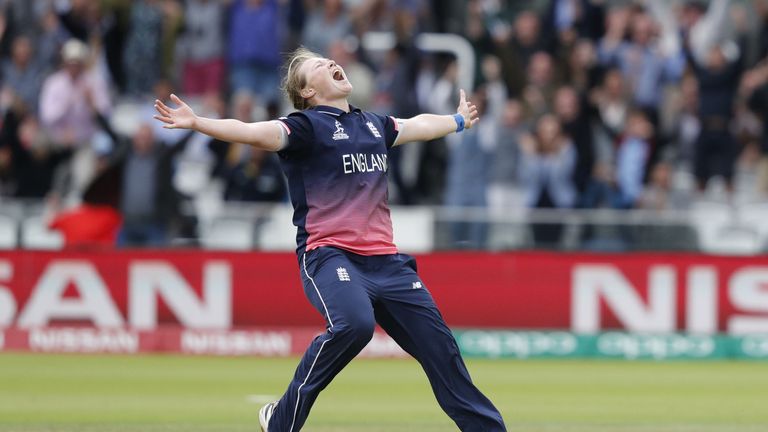 England's Anya Shrubsole celebrates as she takes the wicket of India's Rajeshwari Gayakwad to win the ICC Women's World Cup cricket final