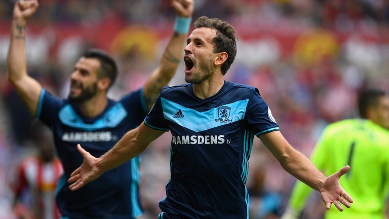 SUNDERLAND, ENGLAND - AUGUST 21:  Middlesbrough player Christian Stuani celebrates after scoring the opening goal during the Premier League match between S