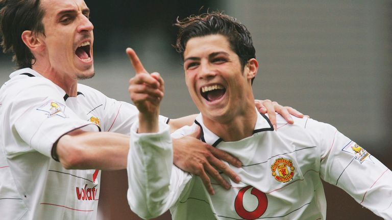 Cristiano Ronaldo of Manchester United celebrates scoring the first goal of the game with Gary Neville during the Premiership match against Aston Villa