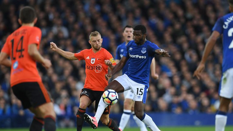MFK Ruzomberok's Peter Gal Andrezly (CL) vies with Everton's Dutch defender Cuco Martina (CR) during the UEFA Europa League third qualifying round, Game 1 
