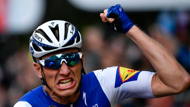 Germany's Marcel Kittel celebrates as he crosses the finish line at the end of the 203,5 km second stage of the 104th edition of the Tour de France cycling