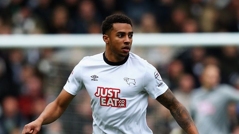 DERBY, ENGLAND - OCTOBER 25:  Cyrus Christie of Derby County in action during the Sky Bet Championship match between Derby County and Wigan Athletic