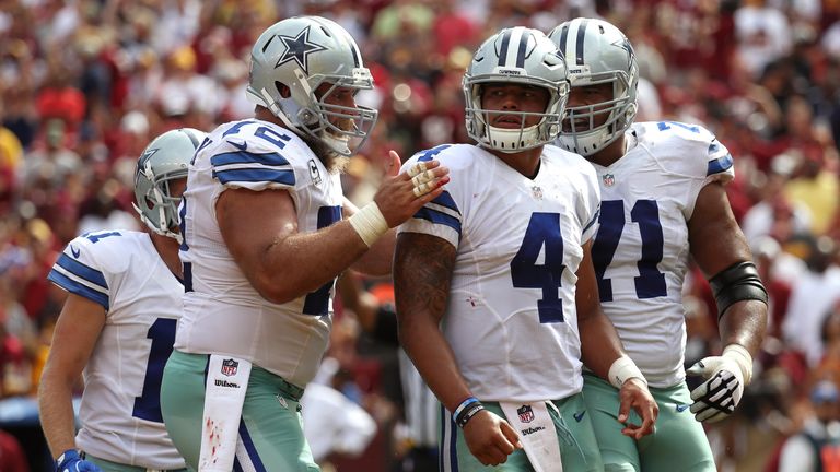 Quarterback Dak Prescott #4 of the Dallas Cowboys celebrates with teammates center Travis Frederick #72 and offensive guard La'el Collins