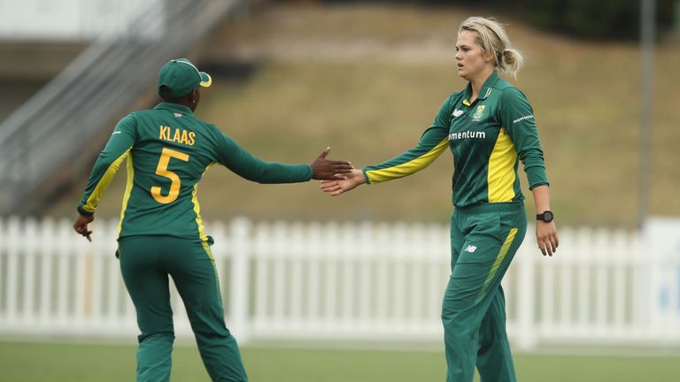 COFFS HARBOUR - NOVEMBER 27 2016:  Masabata Klaas and Dane van Niekerk of South Africa celebrate a wicket during the women's One Day International