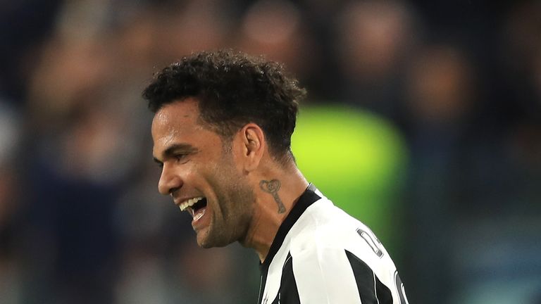 TURIN, ITALY - MAY 09:  Dani Alves of Juventus celebrates scoring his sides second goal during the UEFA Champions League Semi Final second leg match betwee