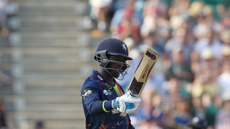 BECKENHAM, ENGLAND - JULY 09: Daniel Bell-Drummond of Kent Spitfires celebrates his half century during the Natwest T20 Blast match between Kent Spitfires 