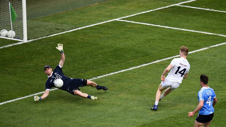 Daniel Flynn of Kildare sees his shot saved by Stephen Cluxton of Dublin during the Leinster GAA Football Senior Championship Final match