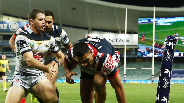   Daniel Tupou of the Roosters scores a try 