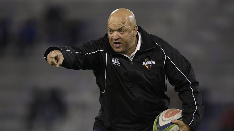 South Africa's Southern Kings head coach Deon Davids gestures during the warm-up before the Super Rugby match against Argentina's Jaguares at Jose Amalfita