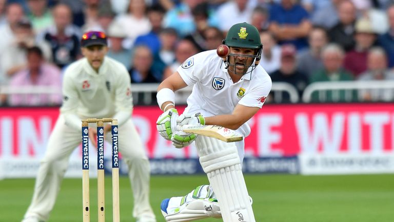 South Africa's Dean Elgar bats on the second day of the second Test match between England and South Africa at Trent Bridge cricket ground in Nottingham, ce