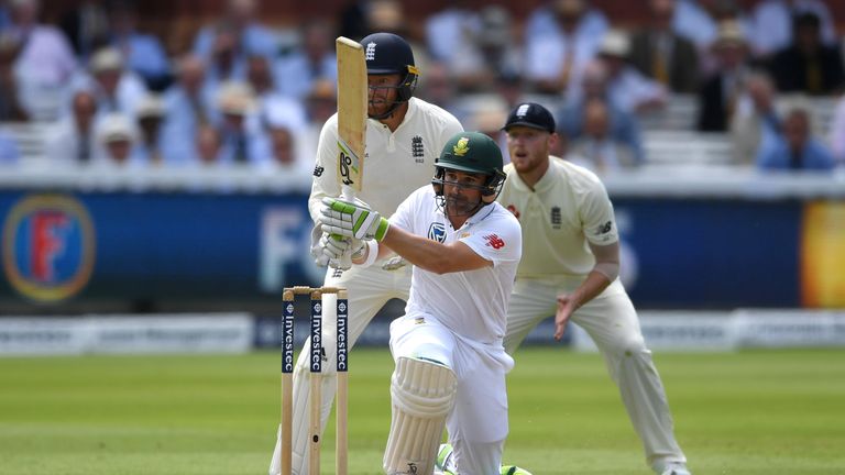 South Africa captain Dean Elgar sweeps Liam Dawson away on his way to his half-century