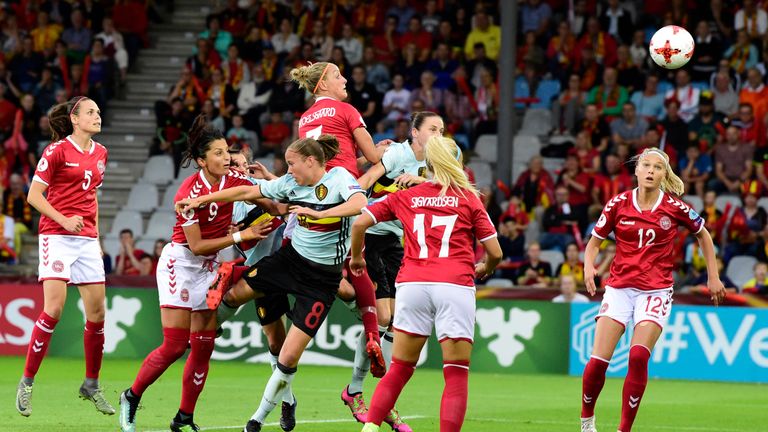Denmark's midfielder Sanne Troelsgaard (C) scores during the UEFA Women's Euro 2017 football tournament between Denmark and Belgium at Stadium De Vijverber