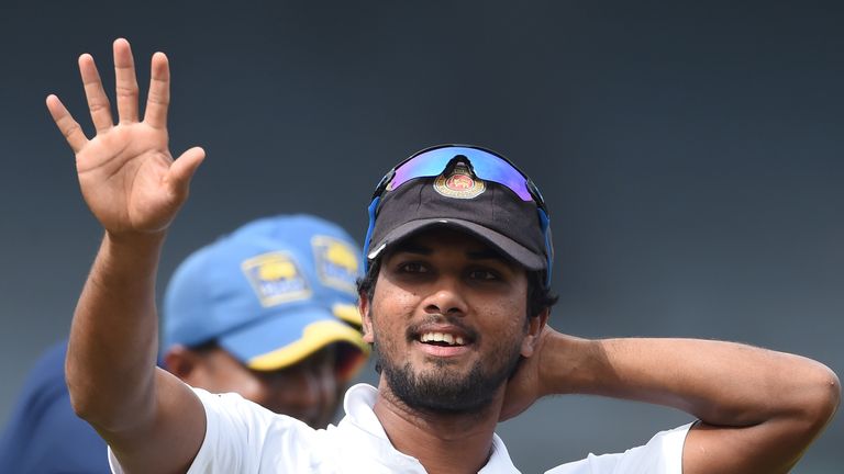 Sri Lankan cricket captain Dinesh Chandimal gestures on the final day of a one-off Test match between Sri Lanka and Zimbabwe at the R Premadasa Cricket Sta
