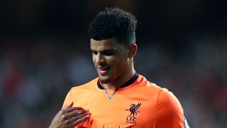 HONG KONG - JULY 19:  Dominic Solanke of Liverpool makes a corss sign after scoring the first goal against Crystal Palace during the Premier League Asia Tr