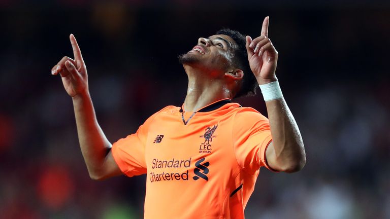 HONG KONG - JULY 19: Dominic Solanke of Liverpool celebrates after scoring the first goal against Crystal Palace during the Premier League Asia Trophy matc