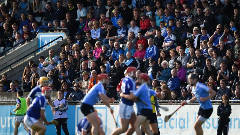 Supporters look on during the GAA Hurling All-Ireland Senior Championship Round 1 match between Dublin and Laois at Parnell Park in Dublin