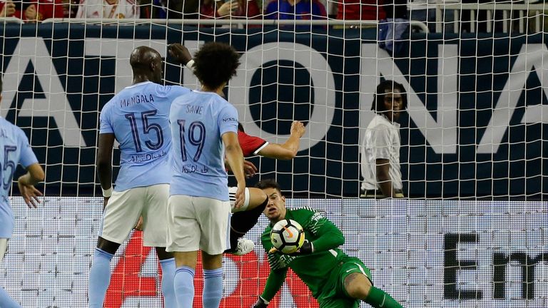 HOUSTON, TX - JULY 20: Goalkeeper Ederson Moraes #31 of Manchester City make as save in the second half against Manchester United at NRG Stadium on July 20