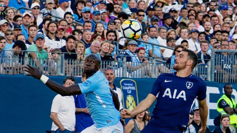 NASHVILLE, TN - JULY 29:  Eliaquim Mangala #15 of Manchester City and Vincent Janssen #9 of Tottenham watch a ball during the second half of the 2017 Inter