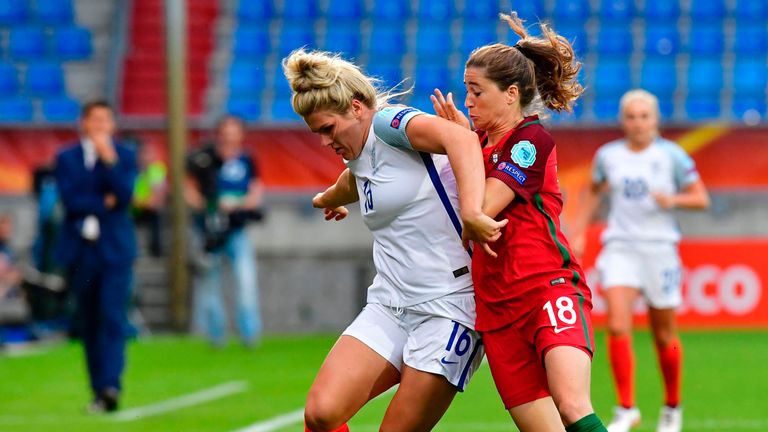 England's midfielder Millie Bright  (L) vies with  Portugal's forward Carolina Mendes during the UEFA Women's Euro 2017 football tournament between Portuga