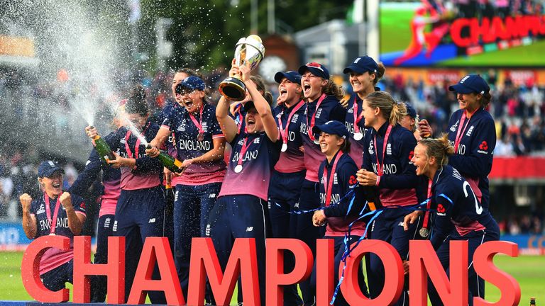 LONDON, ENGLAND - JULY 23:  The England team pose for a photo after victory in the ICC Women's World Cup 2017 Final between England and India at Lord's Cri