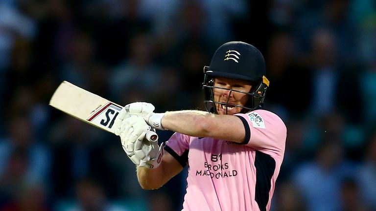 Eoin Morgan of Middlesex bats during the NatWest T20 Blast Surrey and Middlesex at The Kia Oval on July 21, 2017 in London, England
