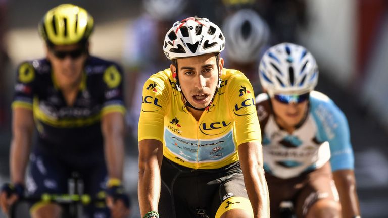 Fabio Aru (C) was caught out in the finish at Rodez