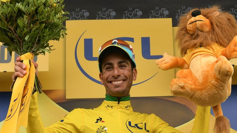 Italy's Fabio Aru celebrates his overall leader yellow jersey on the podium at the end of the 12th stage