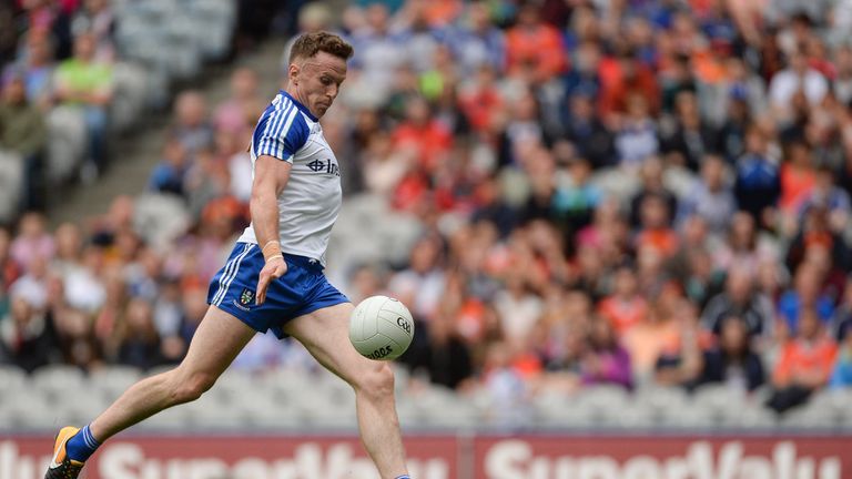 Fintan Kelly of Monaghan scores his side's first goal during the GAA Football All-Ireland Senior Championship Round 4B match between Down and Monaghan 