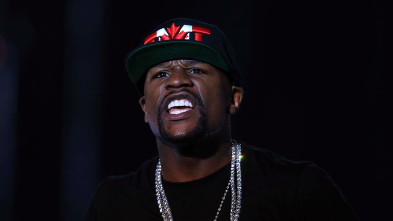 Floyd Mayweather Jr. speaks during the Floyd Mayweather Jr. v Conor McGregor World Press Tour at Budweiser Stage on July 12, 2017 