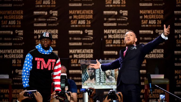 Floyd Mayweather Jr and Conor McGregor face-off on stage 