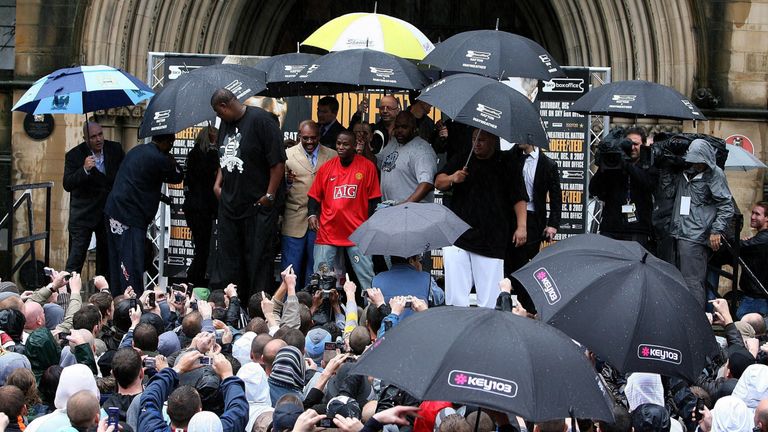 Floyd Mayweather (centre red) during a press conference at Manchester Town Hall, Manchester.