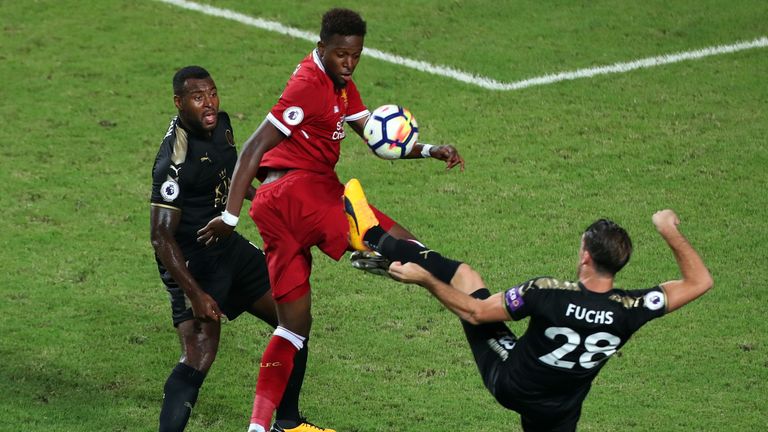 Divock Origi of Liverpool battles for the ball during the Premier League Asia Trophy match between Liverpool FC and Leicester City FC in Hong Kong