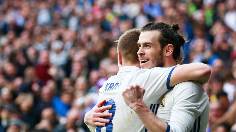 Gareth Bale celebrates scoring Real Madrid's second goal with team-mate Toni Kroos