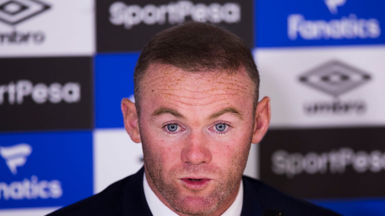 New Everton signing Wayne Rooney speaks during a press conference at Goodison Park
