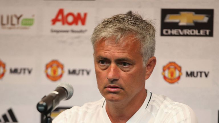 Manager Jose Mourinho of Manchester United speaks during a press conference as part of their pre-season tour of the USA at UCLA, Los Angeles, California