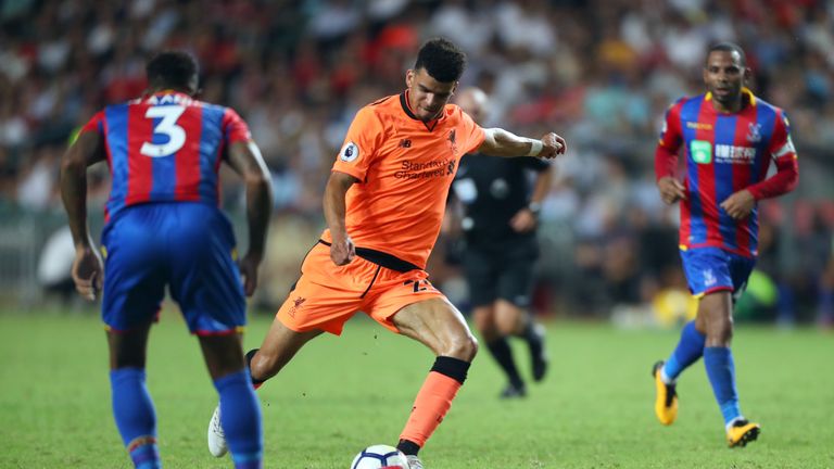 Dominic Solanke shoots and scores his first Liverpool goal against Crystal Palace during the Premier League Asia Trophy 