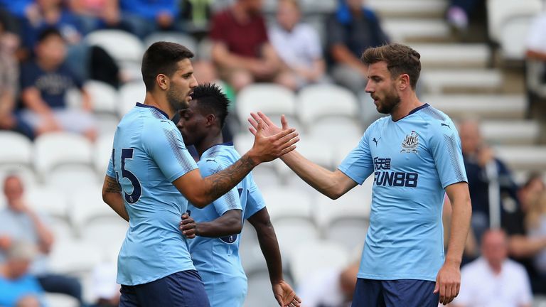 Aleksandar Mitrovic of Newcastle United celebrates after scoring the opening goal during a pre-season friendly match at Preston