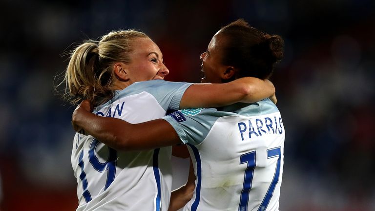 TILBURG, NETHERLANDS - JULY 27:  Nikita Parris of England celebrates with team mate Toni Duggan after scoring her team's second goal of the game during the