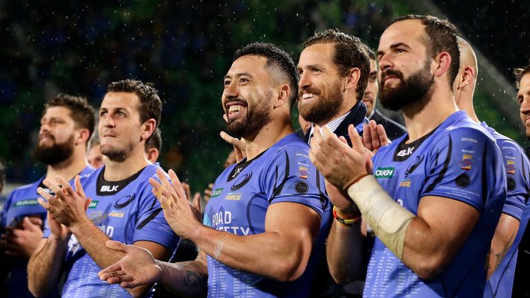 Force players look on as Matt Hodgson gives a post-match speech