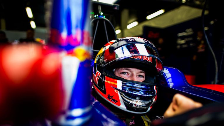 Daniil Kvyat in the Toro Rosso garage during practice for the British Formula One Grand Prix