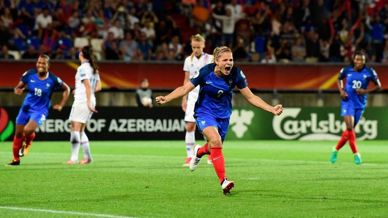 France forward Eugenie Le Sommer celebrates after scoring against Iceland