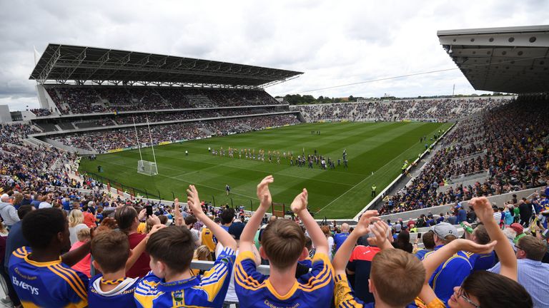 A view of the new stadium as the teams parade around the pitch